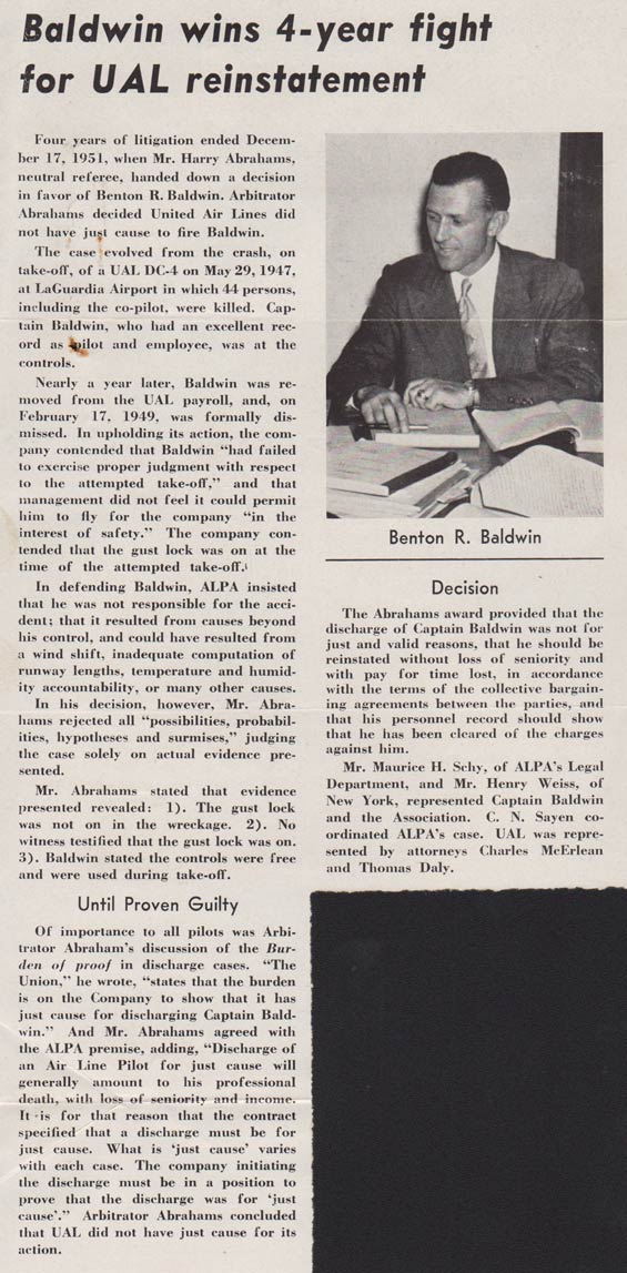 B.H. Baldwin, Air Line Pilots Association News, December, 1951 (Source: Baldwin Family) 